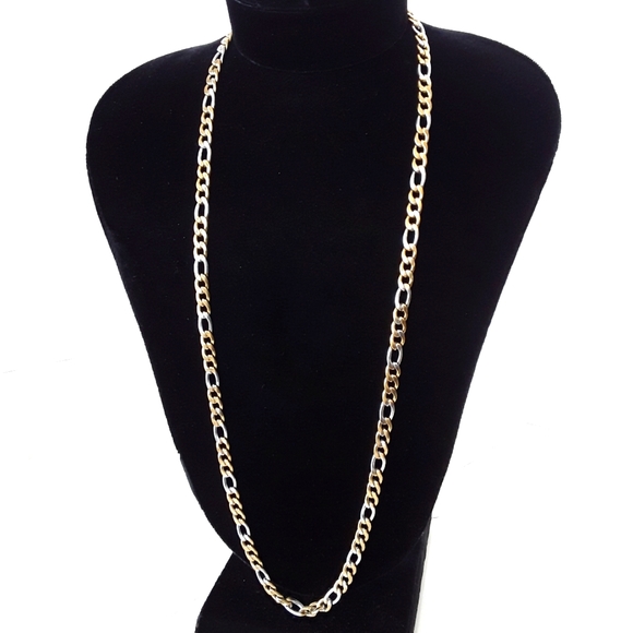 HIP HOP 2 TONE STAINLESS STEEL FIGARO LINK CHAIN 30" - Picture 3 of 3